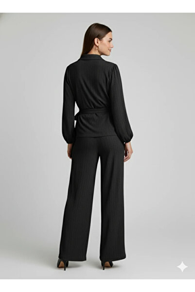 cemo Women's Double-Breasted Blouse and Wide Leg Pants Two-Piece Set Wrinkled Fabric Stylish Set