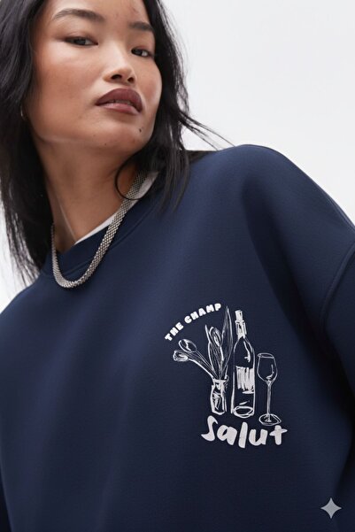 The Champ Clothing Оверсайз унісекс-светр синій – 3 нитки шерстяний фліс, велосипедний комір, принт на спині