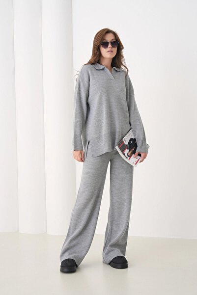 Park Karon Women's Polo Neck Slit Oversized Sweater Palazzo Pants Knitwear Bottom-Top Set