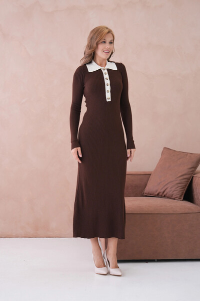 Park Karon Women's Polo Neck Button Detail Ribbed Knit Long Knitwear Dress