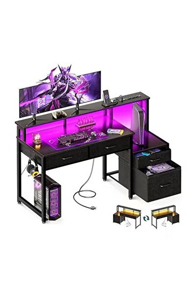 KEKE مكتب كمبيوتر ومقبس طاقة - مكتب مزود بإضاءة شريطية LED وطاولة عمل للمكتب ...