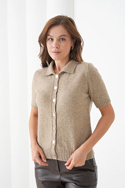 Park Karon Women's Polo Neck Button Detail Short Sleeve Glitter Knit Cardigan