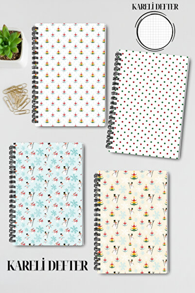 qoeuyl boutique Set de caiete cu spirală cu sârmă, cu tematică de Anul Nou, A5, în carouri, 4 bucăți, pentru amintiri, memorii, școală