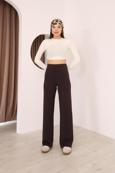 İgnites Brown Elastic Waist Modal Fabric Trousers-Igni̇tes-00015