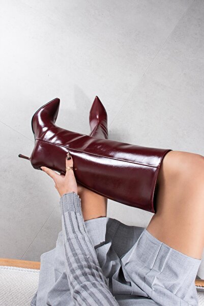 FSKOMBİN Capri Women's Burgundy Wrinkled Leather Pointed Toe Thin Heeled Boots