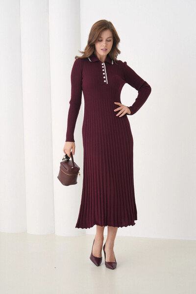 Park Karon Γυναικείο φόρεμα με λαιμόκοψη πόλο με λεπτομέρεια με κουμπιά πλέξη ριμπ μακρύ πλεκτό φόρεμα