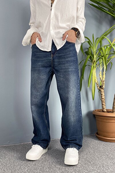 Alışveriş Sokağı Taşlanmış Baggy Fit Jean - Denim Pants Black-Navy Blue