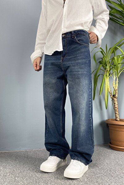 Alışveriş Sokağı Taşlanmış Baggy Fit Jean - Denim Pants Black-Navy Blue