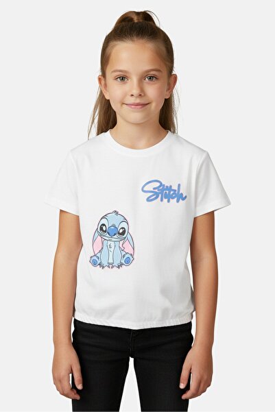 Disney تي شيرت ستيتش كيدز للبنات بأكمام قصيرة، أبيض