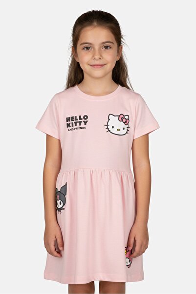 Disney فستان هالو كيتي كيدز للبنات بطبعة جرافيكية ورقبة دائرية، وردي