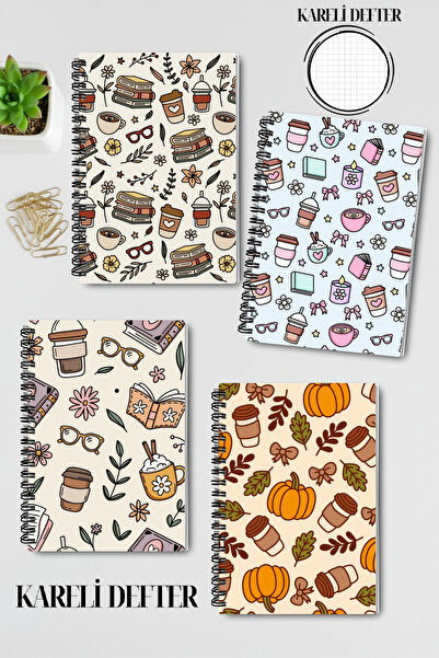 qoeuyl boutique Autumn Book Coffee and Flower Themed Design Wirebound A5 Grid 4-Piece Souvenir, School Notebook Set