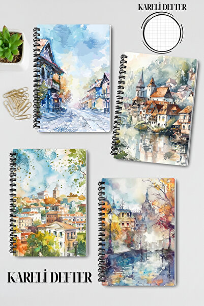 qoeuyl boutique Vintage Autumn City Themed Design Wire Spiral A5 Squared 4-Piece Souvenir, Memory, School Notebook Set
