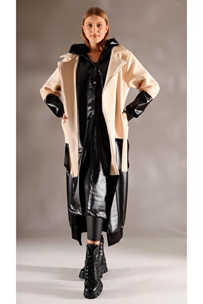 shE tekstil Designer Leather Detailed Coat