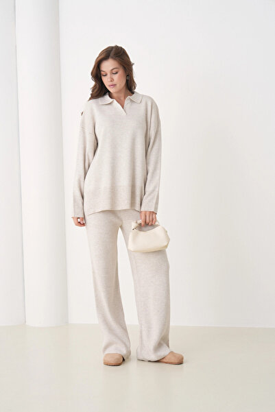 Park Karon Women's Polo Neck Slit Oversized Sweater Palazzo Pants Knitwear Bottom-Top Set