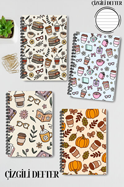 qoeuyl boutique Autumn Book Coffee and Flower Themed Design Wire-O Binding A5 Lined 4-Piece Souvenir, School Notebook Set