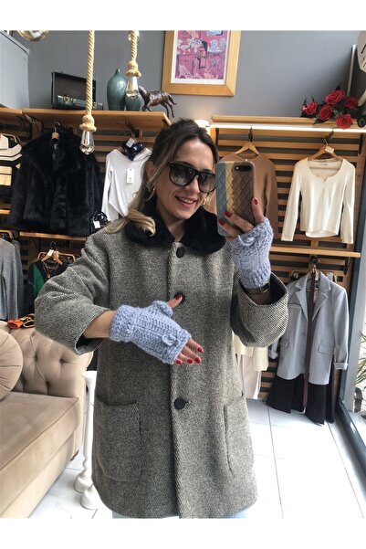 Gözde Tasarım Butik Women's Blue Color Wool Crochet Knitting Handmade Design Fingerless Gloves