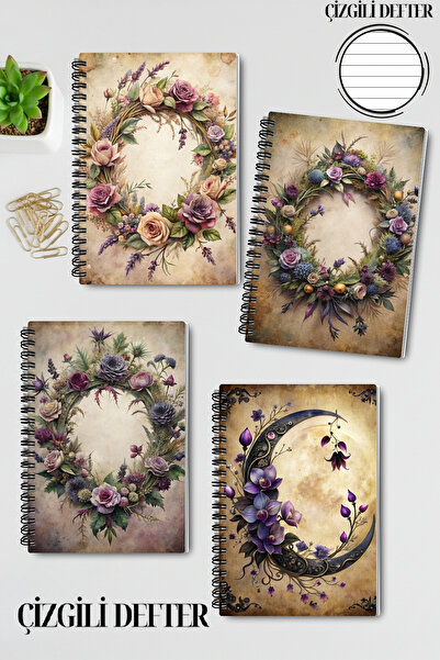 qoeuyl boutique Gothic Floral Themed Design Wirebound A5 Lined 4-Piece Souven...