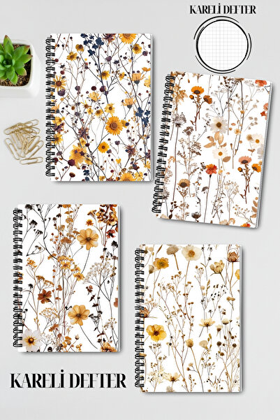 qoeuyl boutique Autumn Wildflowers Design Wire Spiral A5 Squared 4-Piece Souvenir, Memory, School Notebook Set