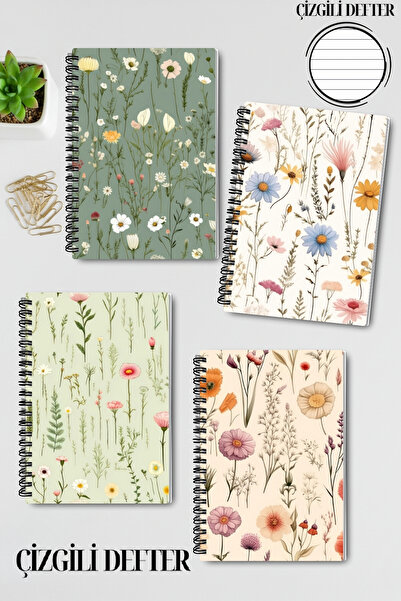 qoeuyl boutique Wild Flowers Design Wire Spiral A5 Lined 4-Piece Souvenir, Memory, School Notebook Set