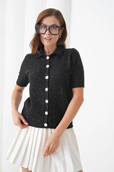 Park Karon Women's Polo Neck Button Detail Short Sleeve Glitter Knit Cardigan