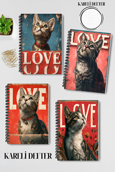 qoeuyl boutique مجموعة دفاتر ملاحظات مربعة A5 بتصميم قطط لطيفة مع حلقات سلكية، تتكون من 4 قطع للذكرى أو التذكار أو المدرسة