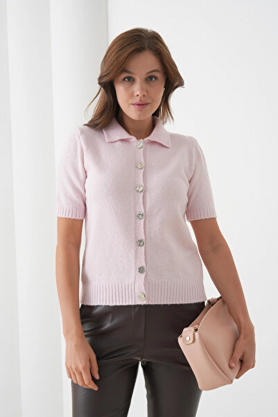 Park Karon Women's Polo Neck Button Detail Short Sleeve Glitter Knit Cardigan