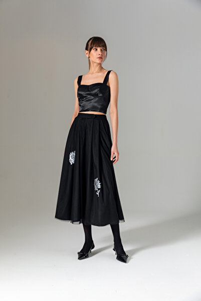 Berr-ın Pileli Tül Midi Etek Siyah