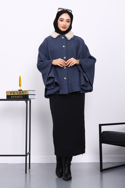 İmajButik Πόντσο με γούνινο γιακά και ζώνη σε χρώμα ινδικό μπλε