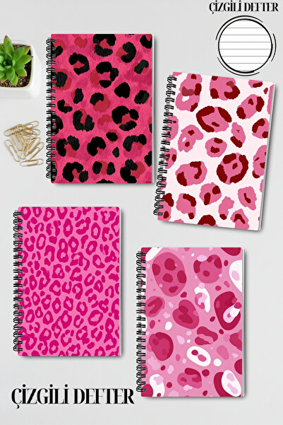 qoeuyl boutique Pink Leopard Pattern Design Wire Spiral A5 Lined 4-Piece Souvenir, Memory, School Notebook Set