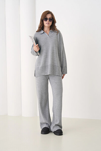 Park Karon Women's Polo Neck Slit Oversized Sweater Palazzo Pants Knitwear Bottom-Top Set