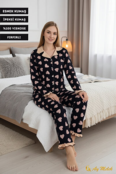 AYMELEK Women's Pajama Set with Patterned Cotton and Ruffle Detail Polo Neck Set