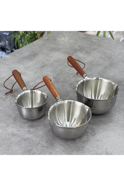 morponi طقم أوعية صلصة فاخرة من الفولاذ بمقابض من خشب الأكاسيا مكون من 3 قطع 150 مل 300 مل 500 مل