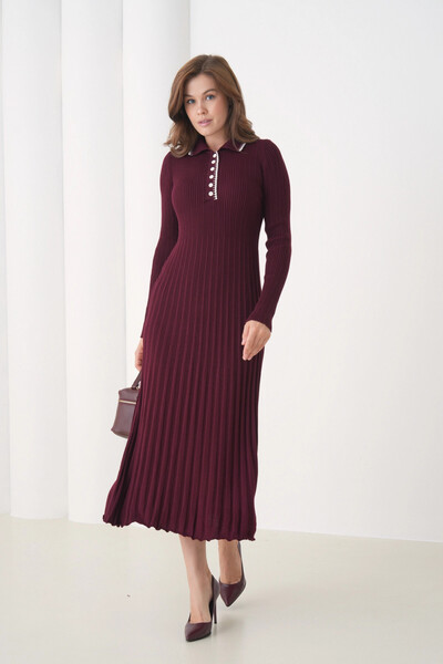 Park Karon Γυναικείο φόρεμα με λαιμόκοψη πόλο με λεπτομέρεια με κουμπιά πλέξη ριμπ μακρύ πλεκτό φόρεμα