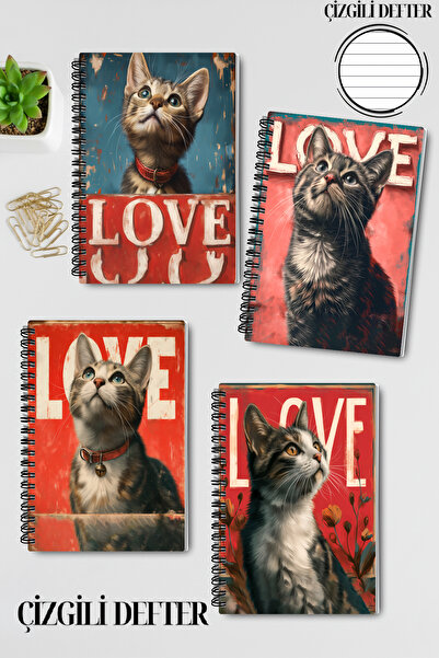 qoeuyl boutique Cute Cats Love Design Wirebound A5 Lined 4-Piece Souvenir, Memory, School Notebook Set