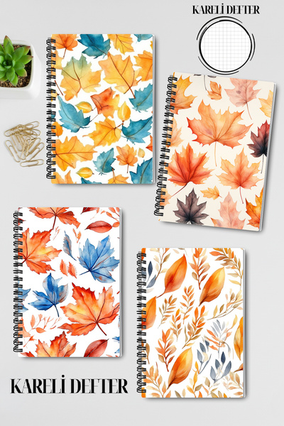 qoeuyl boutique أوراق الخريف رقم: 1 تصميم حلزوني سلكي A5 مربعات مجموعة من 4 دفاتر تذكارية، للذكريات، للمدرسة