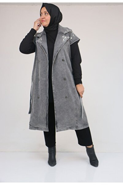 Eslina 44010 Plus Size Denim Vest with Stone Detail on Collar and Shoulders - Black