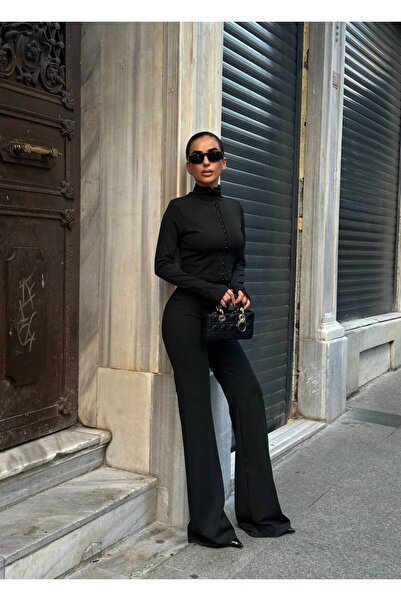 MY DEPO Agraflı Stretch Fabric Crop High Waist Flared Pants Diving Suit