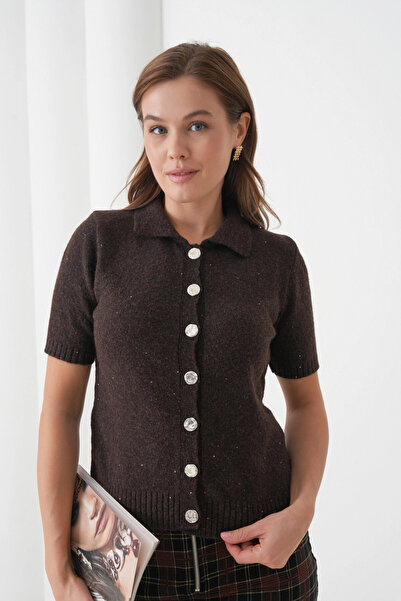 Park Karon Women's Polo Neck Button Detail Short Sleeve Glitter Knit Cardigan