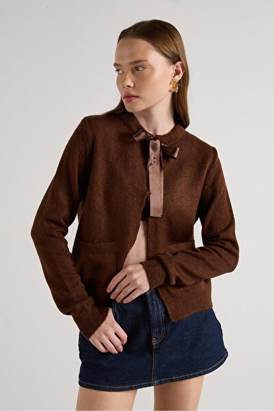 minaaise Women's Brown Ribbon Detailed Short Design Cardigan 30034