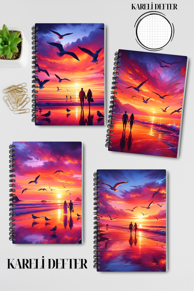 qoeuyl boutique مجموعة دفاتر ملاحظات مدرسية مكونة من 4 قطع بتصميم غروب الشمس البحري، مربعة الشكل مقاس A5