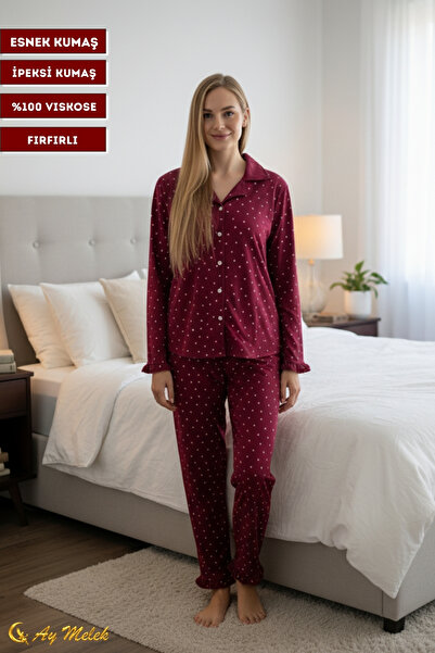 AYMELEK Women's Pajama Set with Patterned Cotton and Ruffle Detail Polo Neck Set