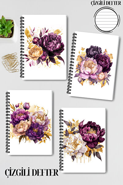 qoeuyl boutique Nature Themed Colorful Flowers Design Wire Spiral A5 Lined 4-Piece Souvenir, Memory, School Notebook Set