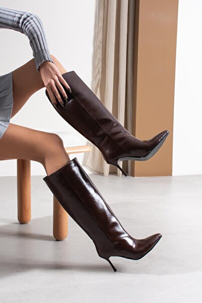 FSKOMBİN Capri Women's Brown Wrinkled Leather Pointed Toe Thin Heeled Boots