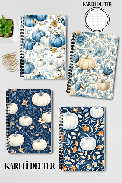 qoeuyl boutique مجموعة دفاتر ملاحظات مدرسية تذكارية من 4 قطع بتصميم خريفي أزرق، حلزونية الشكل، مقاس A5، مربعة النقش