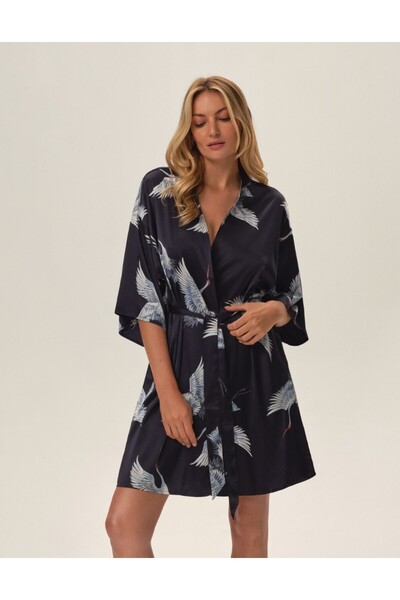 ESOTIQ Halat de baie pentru femei, din satin, cu model de cocor, în stil kimo...