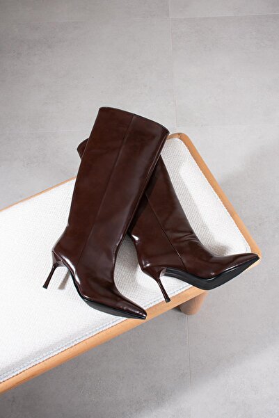 FSKOMBİN Capri Women's Brown Wrinkled Leather Pointed Toe Thin Heeled Boots