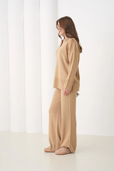 Park Karon Women's Polo Neck Slit Oversized Sweater Palazzo Pants Knitwear Bottom-Top Set