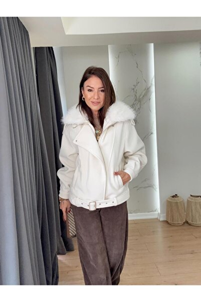 X-Young Kaşe Yakası Fur Coat Ecru