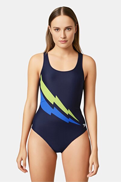 SPEEDO بدلة سباحة نسائية من قطعة واحدة بظهر على شكل حرف U مطرزة بشعار، لون أزرق داكن