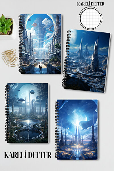 qoeuyl boutique Futuristic Cities Themed Design Wire Spiral A5 Squared 4-Piece Souvenir, Memory, School Notebook Set